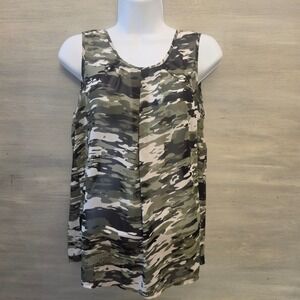 bobbie brooks Ladies Green Multicolor Camo Sleeveless Sheer Blouse Medium GC